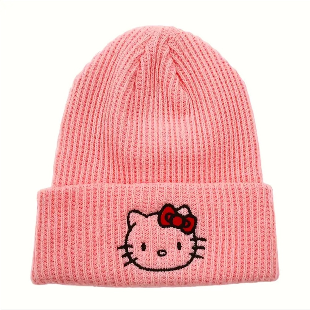 Hello Kitty HAT Beanie Sanrio Embroidery knitted Beanie Cap Roll cuff NEW NWT